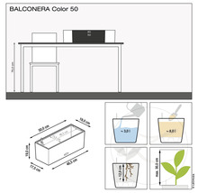 Productillustratie van de Balconera Color 50 plantenbak met afmetingen en informatie over waterhoeveelheid en planthoogte.