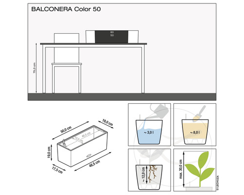Productillustratie van de Balconera Color 50 plantenbak met afmetingen en informatie over waterhoeveelheid en planthoogte.