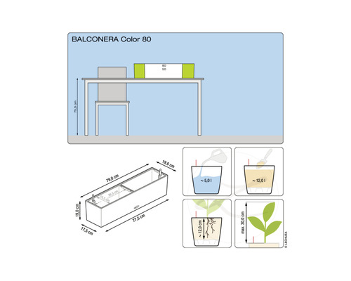 Technische tekening van de Balconera Color 80 plantenbak met afmetingen