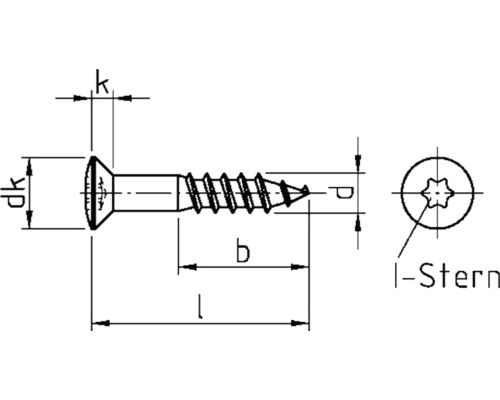 Technische tekening van een schroef met I-ster aandrijving