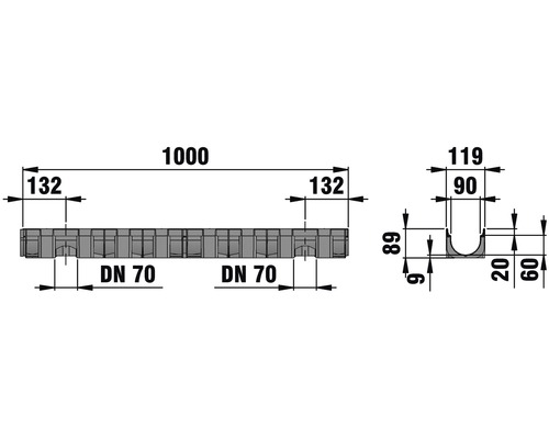 Technische tekening van een afwateringsgoot met maatvoering