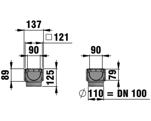 Technische tekening van een vloerafvoer met maatvoering