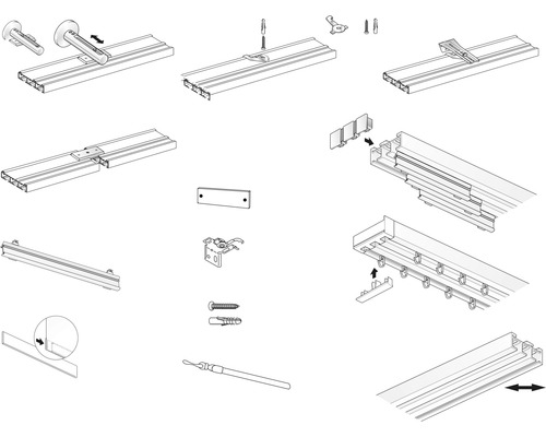 Onderdelen van een gordijnroede en accessoires