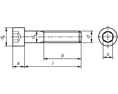 Technische tekening van een cilinderschroef met inbus en maatvoering