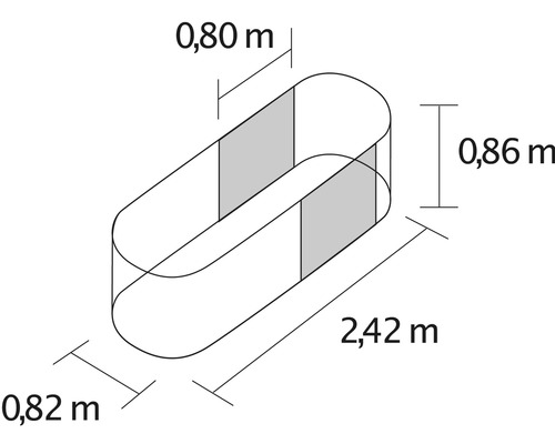 Schets van een zwembad met de afmetingen 0,82 meter bij 2,42 meter, een hoogte van 0,86 meter en een dikte van 0,80 meter
