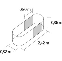 Technische tekening van een zwembad met afmetingen van 2,42 meter lengte, 0,82 meter breedte en 0,86 meter hoogte