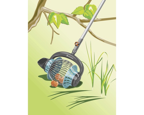 Illustratie van een notenverzamelaar met telescopische steel onder een boom