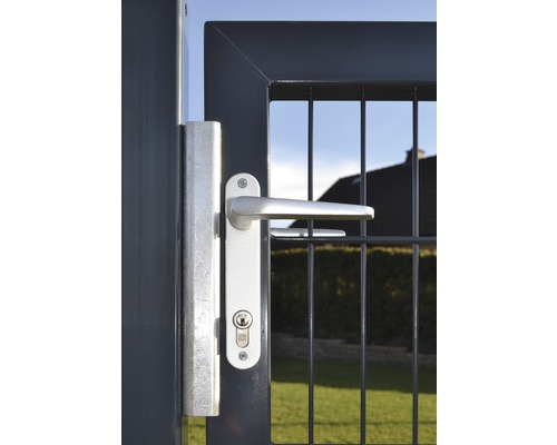 Detailopname van een tuinpoort met handgreep en slot