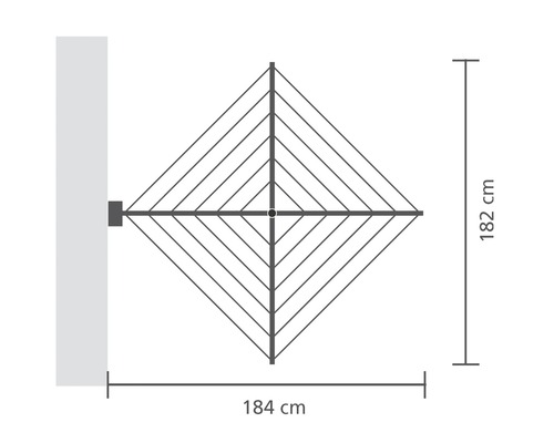 Droogmolen voor wandmontage met de afmetingen 182 cm hoogte en 184 cm breedte.