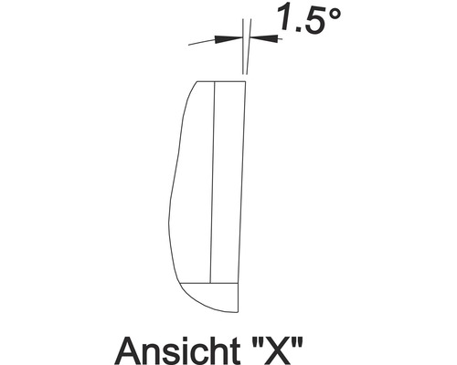 Technische tekening met aanzicht X en een hoek van 1.5 graden