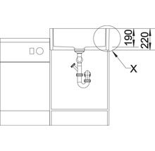 Technische tekening van een wastafel met de afmetingen 190 en 220 millimeter