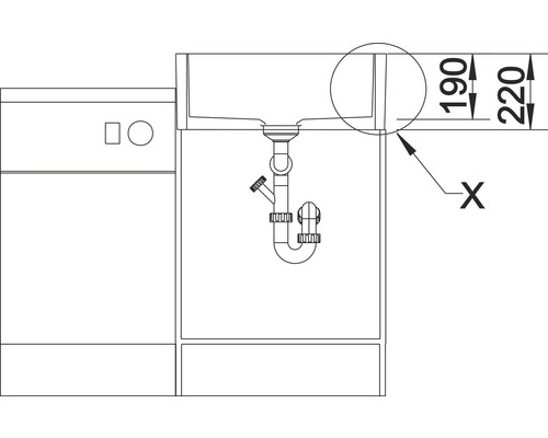 Technische tekening van een wastafel met de afmetingen 190 en 220 millimeter