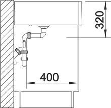 Technische tekening van een wastafel met de afmetingen 320 en 400