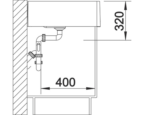Technische tekening van een wastafel met de afmetingen 320 en 400