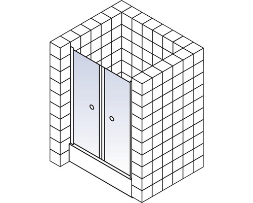 Illustratie van een douchecabine met schuifdeuren in een betegelde badkamer.