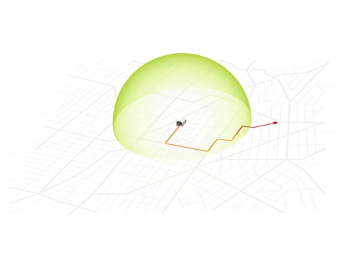 Weergave van een gebouw met veiligheidszone en route op een kaart