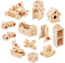 Houten bouwstenenset met diverse modellen zoals een bouwvoertuig, motor, huis en vliegtuig