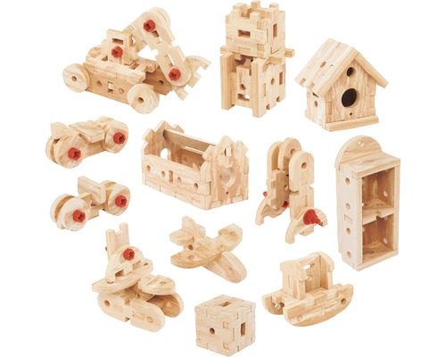 Houten bouwstenenset met diverse modellen zoals een bouwvoertuig, motor, huis en vliegtuig