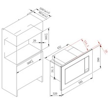 Maatschets van een magnetron met de bijbehorende afmetingen.