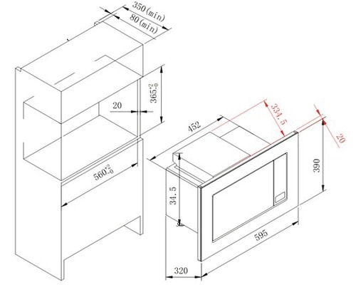 Maatschets van een magnetron met de bijbehorende afmetingen.