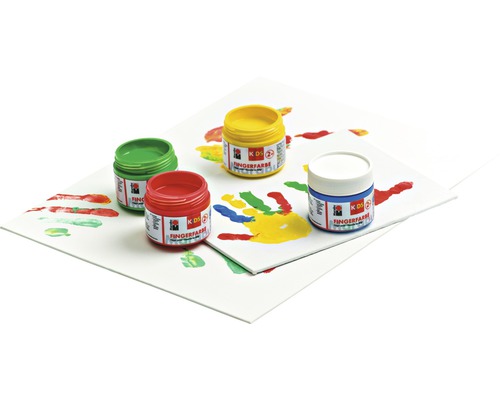 Vingerverf set met vier verfpotten en papier met handafdrukken