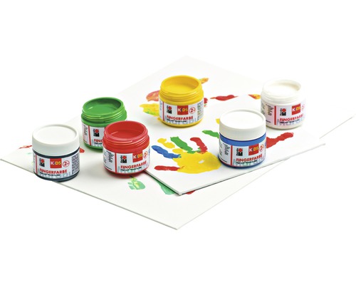Zes potten vingerverf op papier met handafdrukken