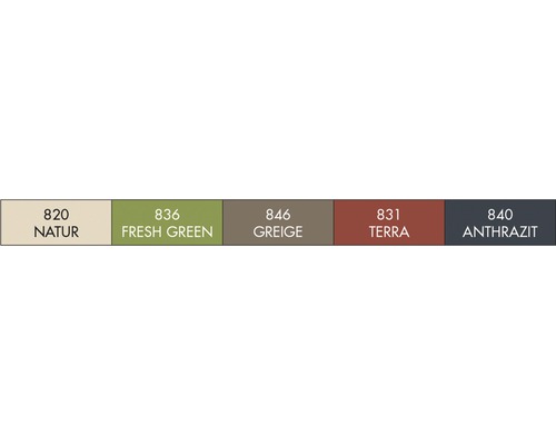 Kleurenkaart met de kleuren Naturel, Fresh Green, Greige, Terra en Antraciet