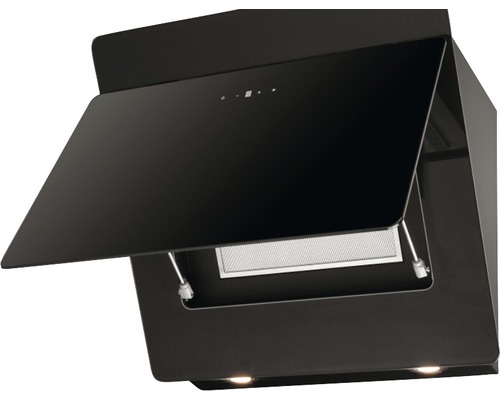 Zwarte afzuigkap met open klep voor de keuken