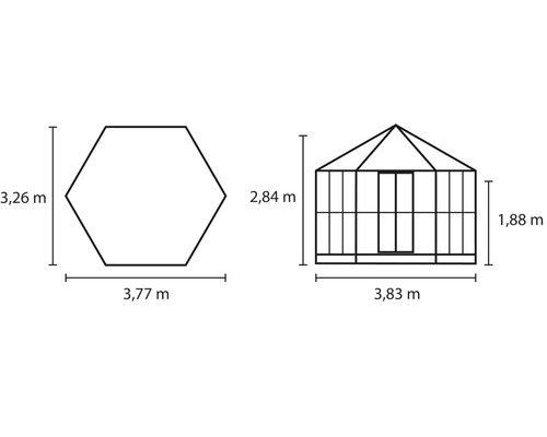 Afmetingen van een tuinkas weergegeven als technische tekening