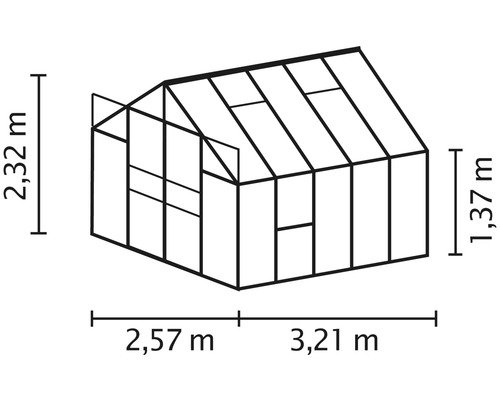Afbeelding van een kas met de afmetingen 2,32 m hoog, 2,57 m breed en 3,21 m lang