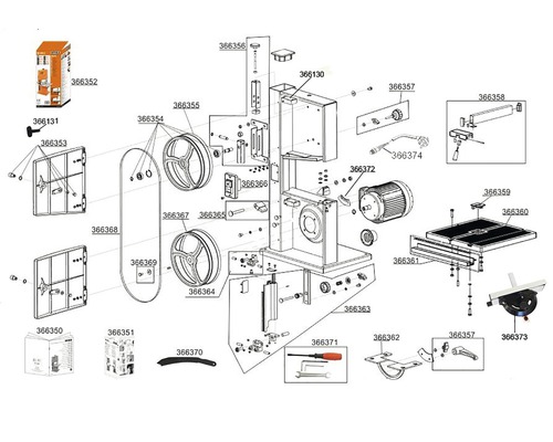 Explosietekening van een lintzaag met losse onderdelen en accessoires