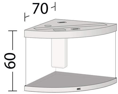 Afbeelding van een hoekaquarium met afmetingen van 70 x 60 centimeter