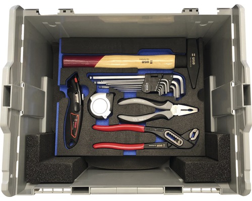 Gereedschapskoffer met hamer, moersleutels, tang, rolmaat en mes