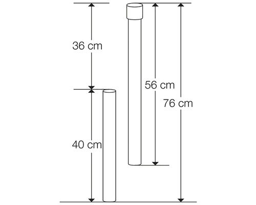 Afbeelding met afmetingen voor palen: 40 centimeter, 56 centimeter en 76 centimeter hoogte