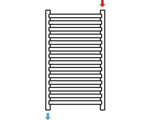 Diagram van een warmtewisselaar met pijlen die de vloeistofstroom aangeven