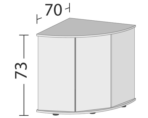 Hoekkast met afmetingen 73 x 70 centimeter.