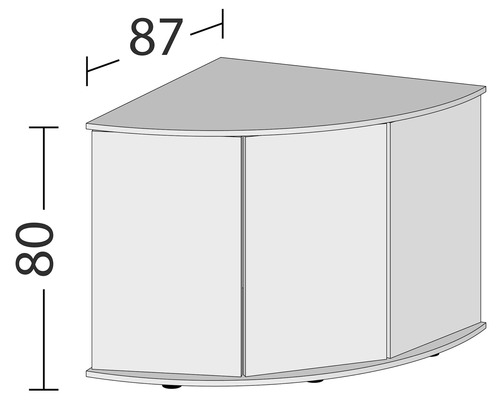 Illustratie van een hoekonderkast met afmetingen van 87 bij 80 centimeter.