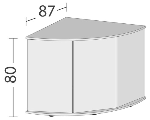 Illustratie van een hoekkast met de afmetingen 87 bij 80 centimeter.