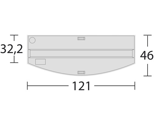 Technische tekening met de afmetingen van een afdekking: 121 cm breed, 46 cm hoog en 32,2 cm diep.