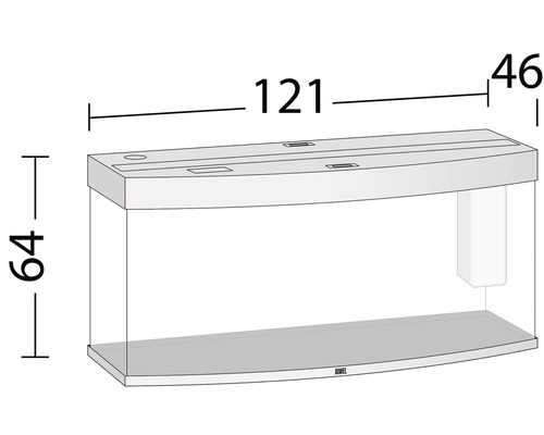 Aquarium met afmetingen: 121 cm lengte, 46 cm breedte, 64 cm hoogte