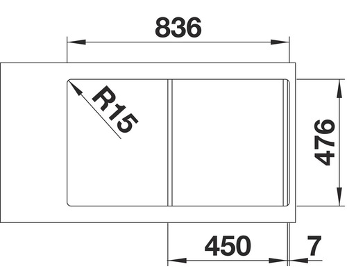 Technische tekening van een spoelbak met afmetingen 836 x 476 millimeter