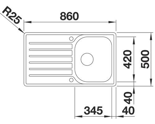 Technische tekening van een aanrechtbak met afmetingen