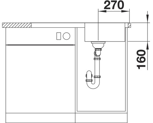 Technische tekening van een gootsteen met afmetingen 270 bij 160 millimeter
