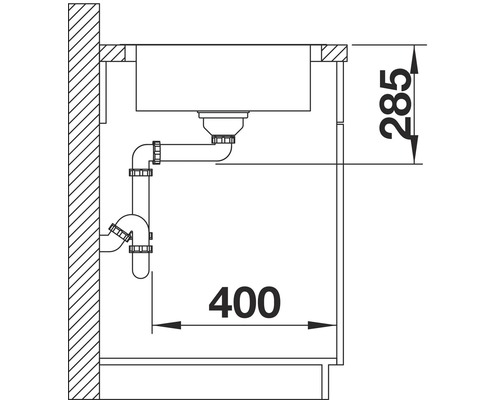 Tekening van een spoelbak met maatvoering: hoogte 285, breedte 400.
