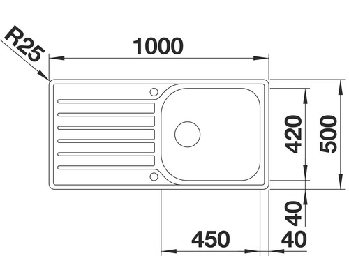 Technische tekening van een spoelbak met de afmetingen 1000 x 500 millimeter