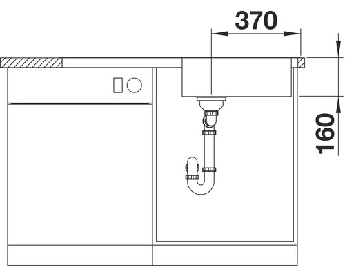 Schets van een spoeltafel met maatgegevens
