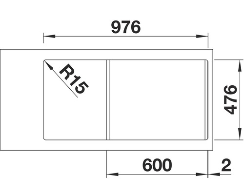 Technische tekening van een spoelbak met maatvoering
