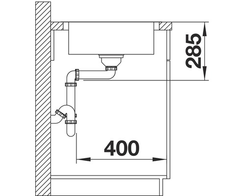 Tekening van een gootsteen met sifon en afmetingen voor installatie