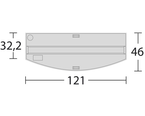 Technische tekening met de afmetingen 32,2, 46 en 121