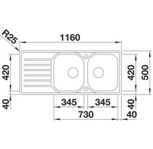 Schets van een spoelbak met afdruiprek en afmetingen van de wasbak